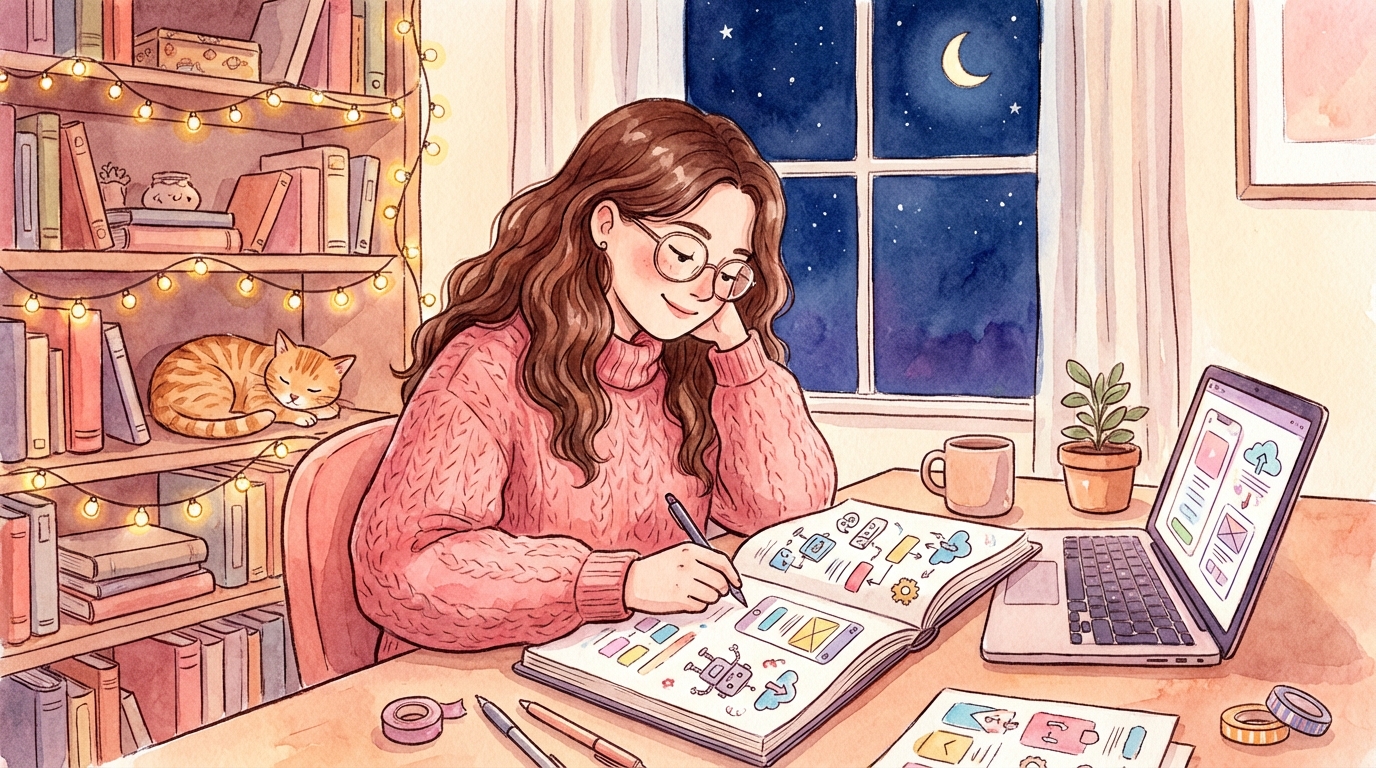 Woman with notebook and vibe coding ideas